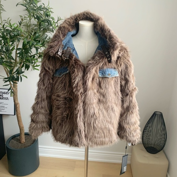 Reversible Denim Faux Fur Coat Heavy Winter Jacket M - Picture 8 of 12
